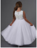 Beaded White Satin Tulle Tea Length Flower Girl Dress 